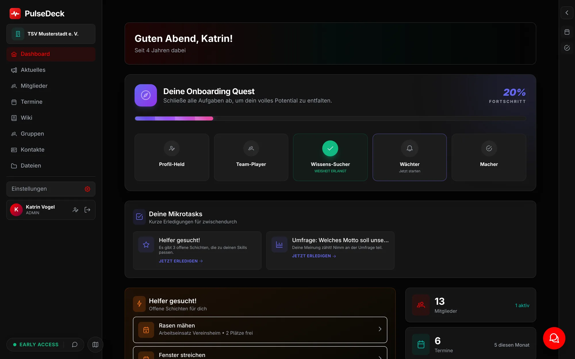 Dashboard von PulseDeck mit offenen Helferschichten, nächsten Terminen und Mitgliederübersicht