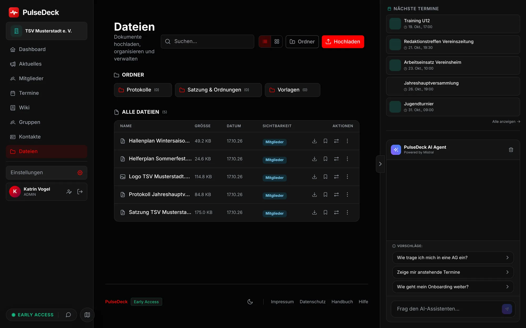Dateiablage in PulseDeck mit Satzung, Protokoll und Hallenplan