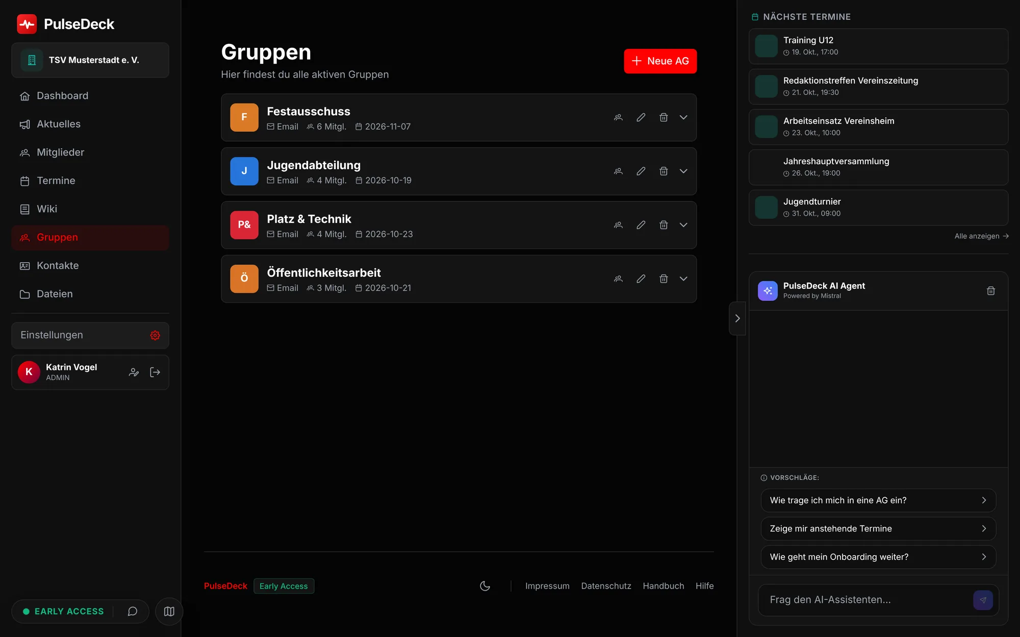Arbeitsgruppen in PulseDeck: Festausschuss, Jugendabteilung, Platz & Technik, Öffentlichkeitsarbeit