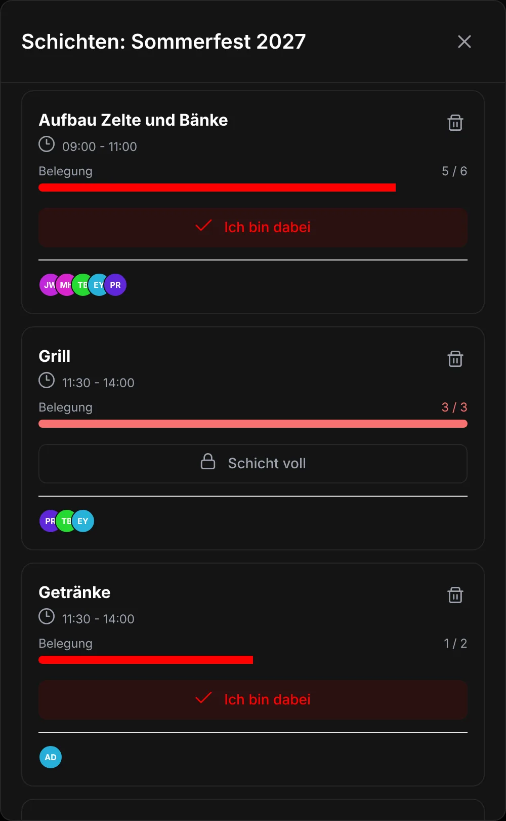 Helferschichten für ein Sommerfest in PulseDeck: Aufbau 5 von 6 Plätzen belegt, Grill voll, Getränke 1 von 2
