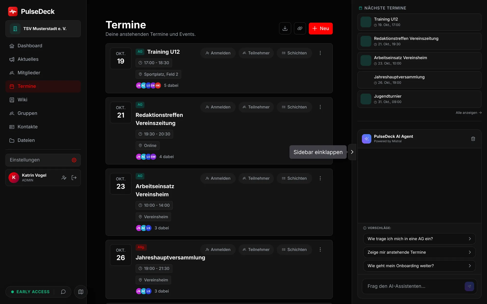 Terminübersicht in PulseDeck mit Training, Redaktionstreffen, Arbeitseinsatz und Jahreshauptversammlung
