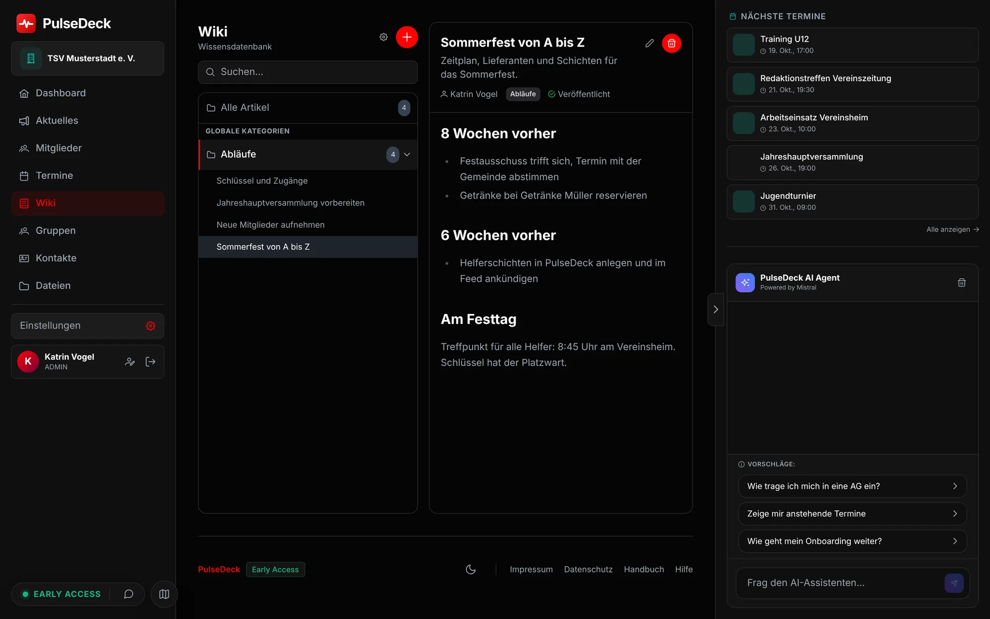 Wiki-Artikel „Sommerfest von A bis Z“ mit Zeitplan in PulseDeck